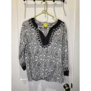 Roberta Roller Rabbit Black White Cotton Split Neck Tunic Blouse 3/4 M Geometric